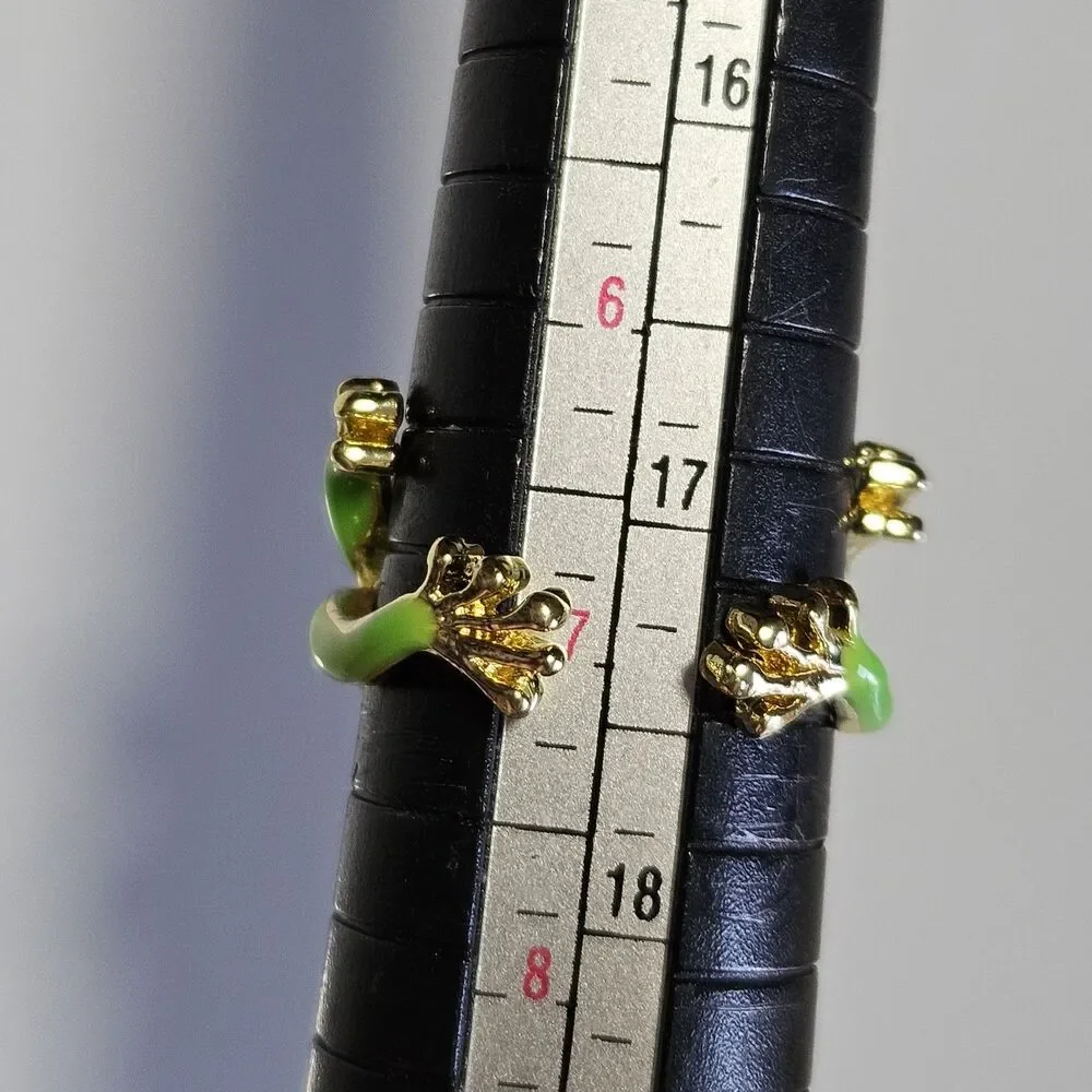 Gold Tone Green Enamel Hugging Frog Ring Colorful Fun